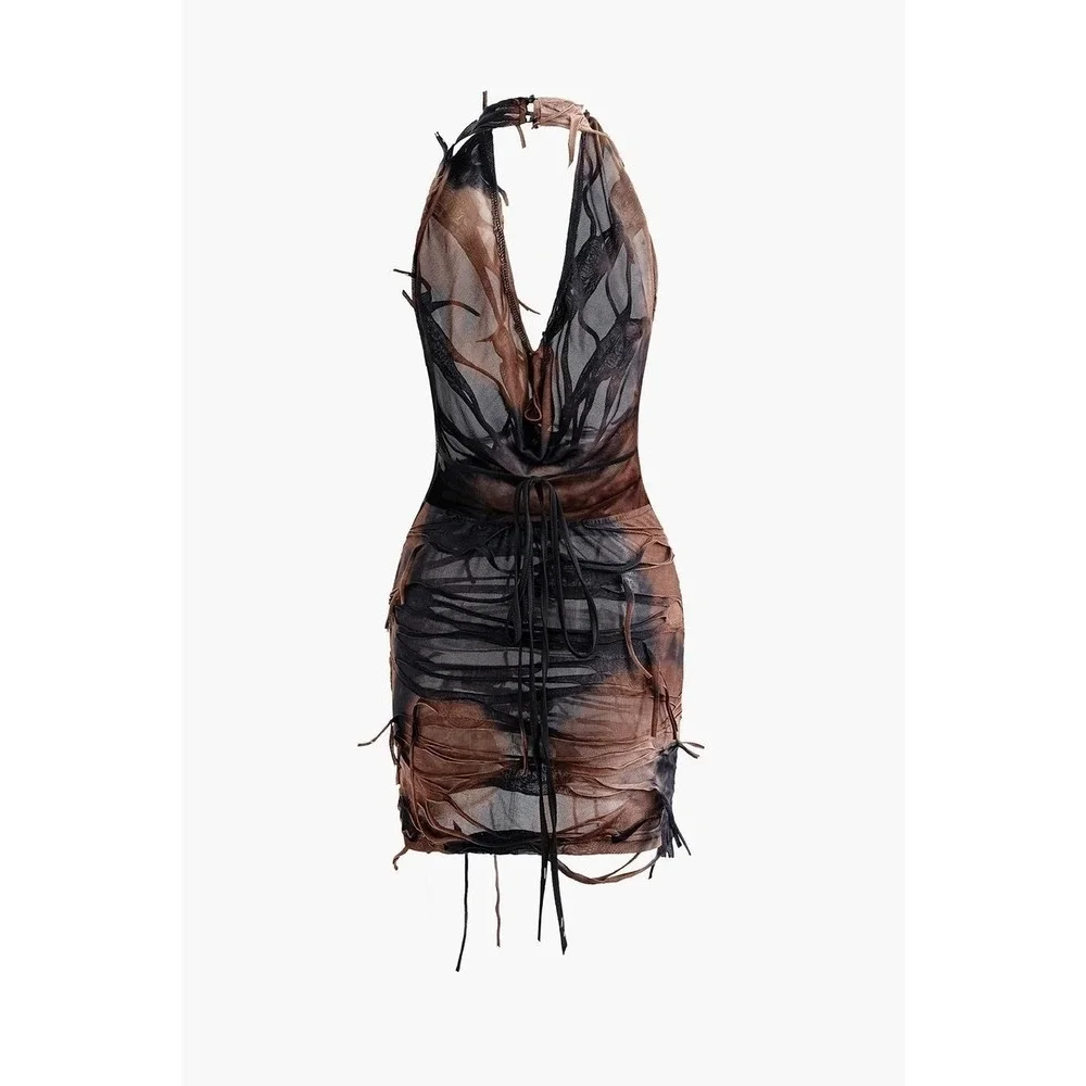 Micas Edgy Sheer Distressed Halter Mini Dress Backless Sexy Brown Black Mesh M‎
